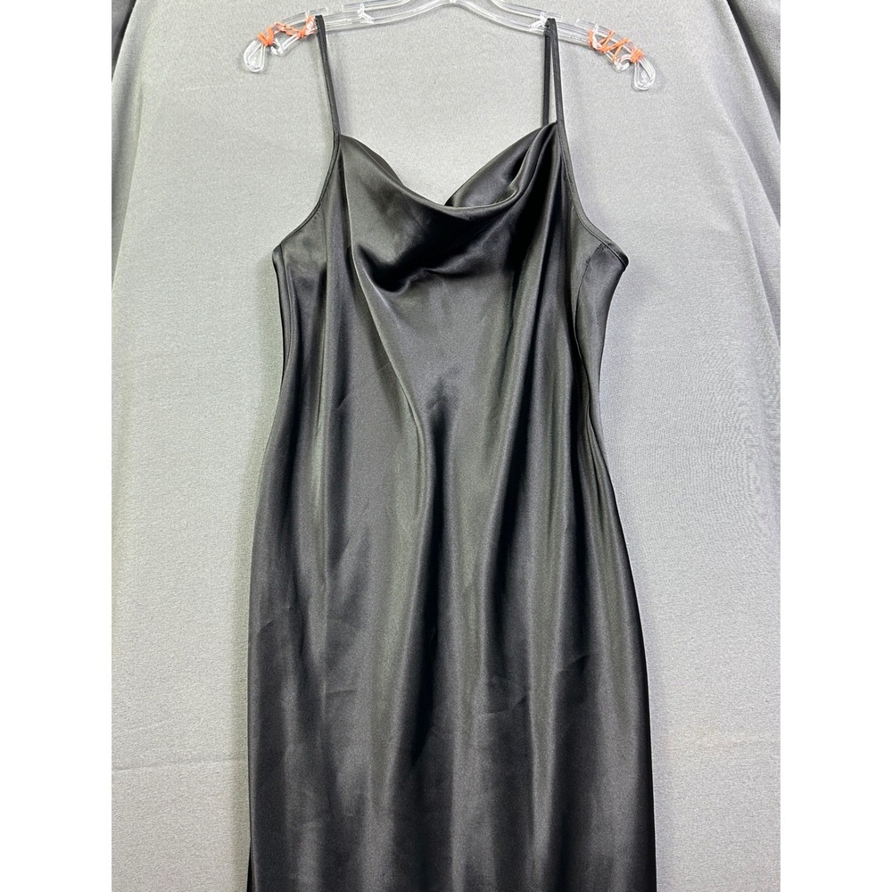 BeBe Black Satin Cowl Neck Midi Slip Dress Spaghetti Strap Minimalist LBD Size M - Picture 2 of 10